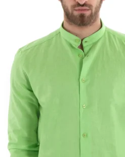 Camicia Uomo Lino Collo Coreano Sartoriale Basic Verde Acido C2671A