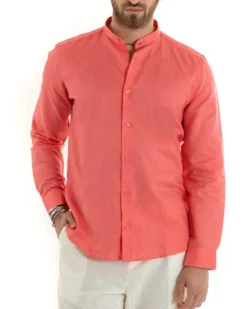 Camicia Uomo Lino Collo Coreano Sartoriale Morbida Tinta Unita Corallo GIOSAL-C2677A
