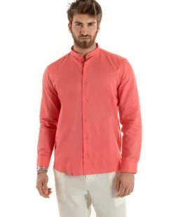 Camicia Uomo Lino Collo Coreano Sartoriale Morbida Tinta Unita Corallo GIOSAL-C2677A