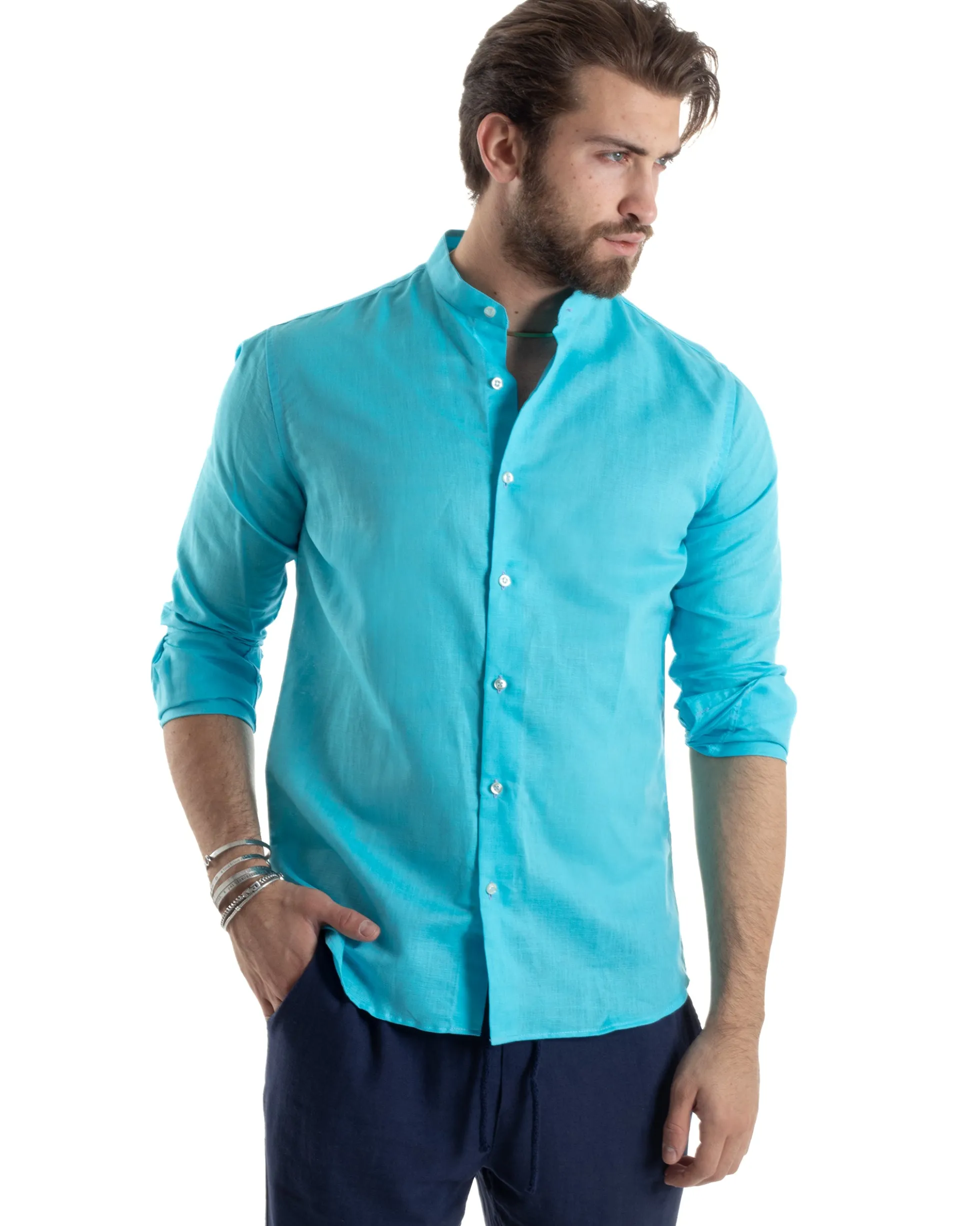 Camicia Uomo Lino Collo Coreano Sartoriale Morbida Tinta Unita Turchese GIOSAL-C2678A