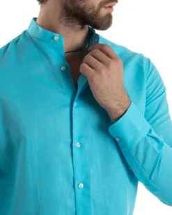 Camicia Uomo Lino Collo Coreano Sartoriale Morbida Tinta Unita Turchese GIOSAL-C2678A