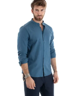 Camicia Uomo Lino Collo Coreano Sartoriale Morbida Tinta Unita Avio GIOSAL-C2668A