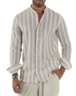 Camicia Uomo Lino Collo Coreano Riga Larga Beige C3018A