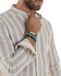 Camicia Uomo Lino Collo Coreano Riga Larga Beige C3018A