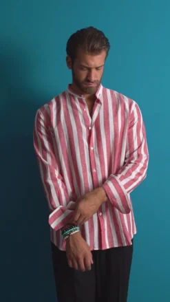 Camicia Uomo Lino Collo Coreano Riga Larga Blu C3017A