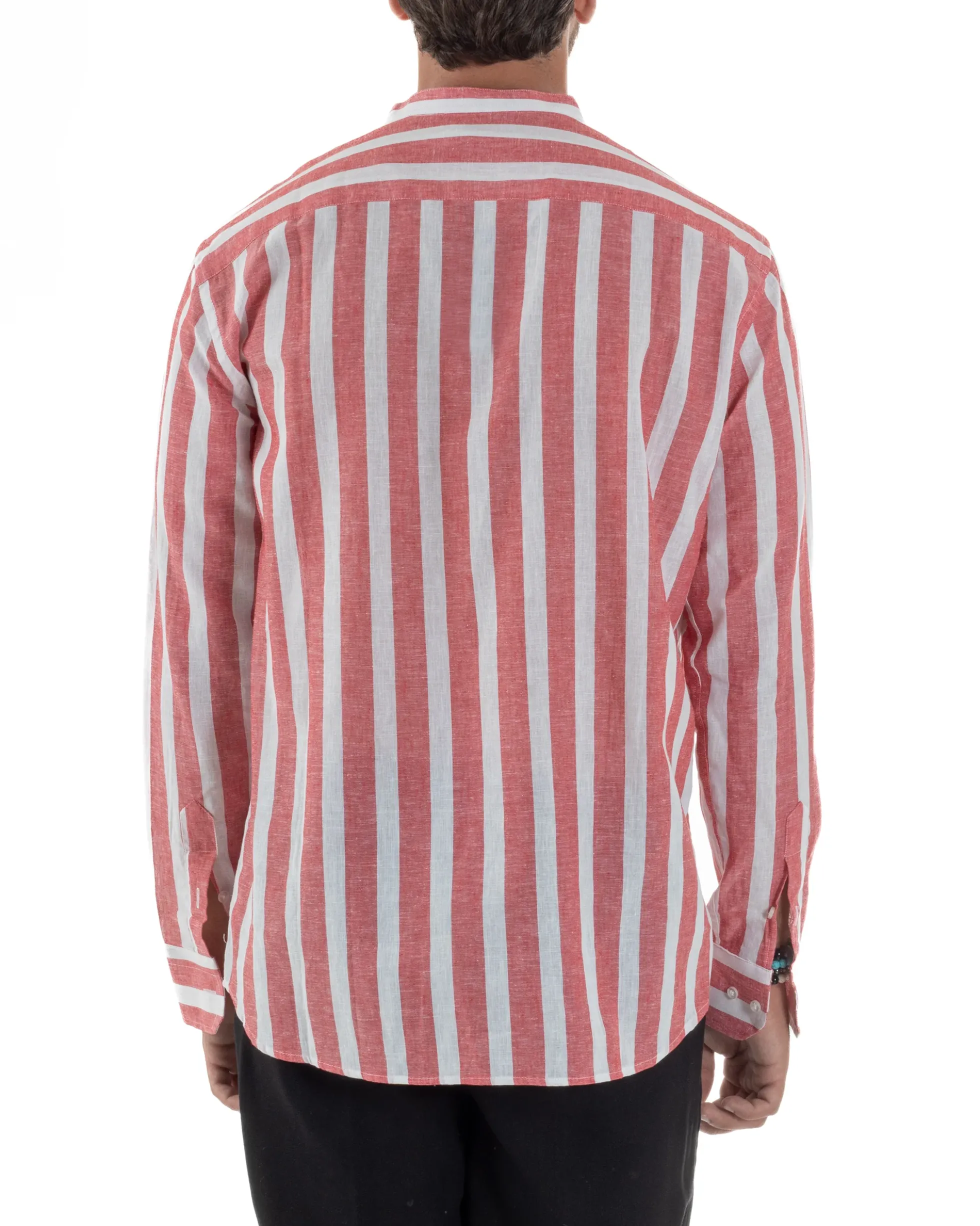 Camicia Uomo Lino Collo Coreano Riga Larga Rosso C3016A