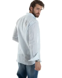 Camicia Uomo Lino Collo Francese Con Colletto Maniche Lunghe Regular Fit Riga Stretta Celeste GIOSAL-C2857A
