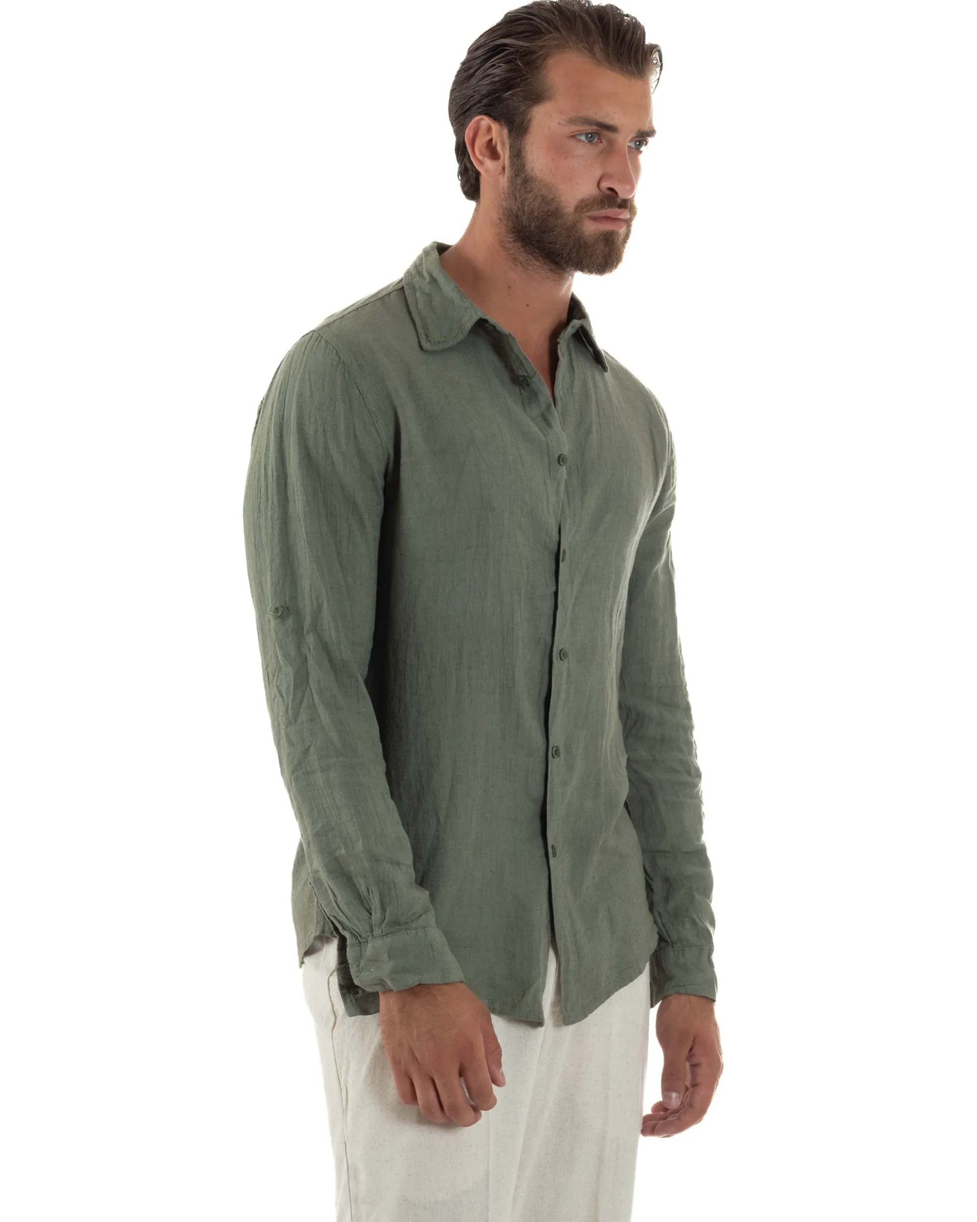 Camicia uomo lino collo francese slim fit basic casual verde GIOSAL-C3033A