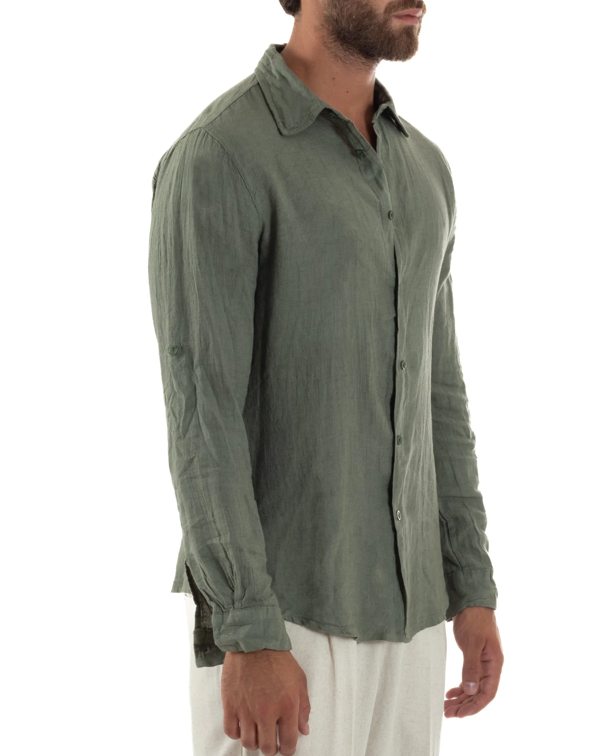 Camicia uomo lino collo francese slim fit basic casual verde GIOSAL-C3033A