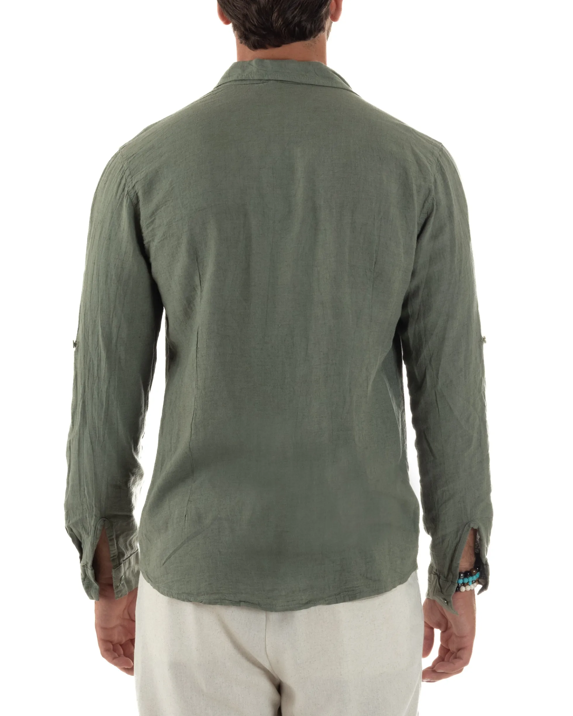 Camicia uomo lino collo francese slim fit basic casual verde GIOSAL-C3033A