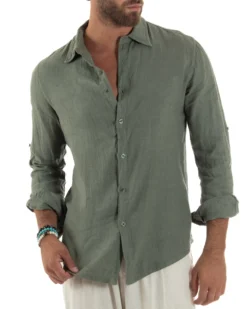 Camicia uomo lino collo francese slim fit basic casual verde GIOSAL-C3033A