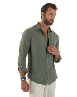 Camicia uomo lino collo francese slim fit basic casual verde GIOSAL-C3033A