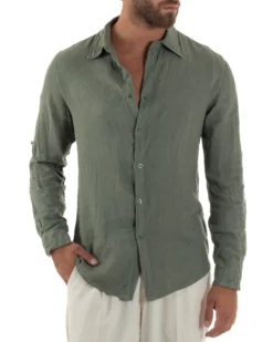 Camicia uomo lino collo francese slim fit basic casual verde GIOSAL-C3033A