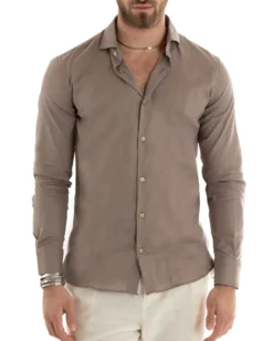 Camicia Uomo Lino Collo Francese Casual Sartoriale Tinta Unita Fango GIOSAL-C2714A
