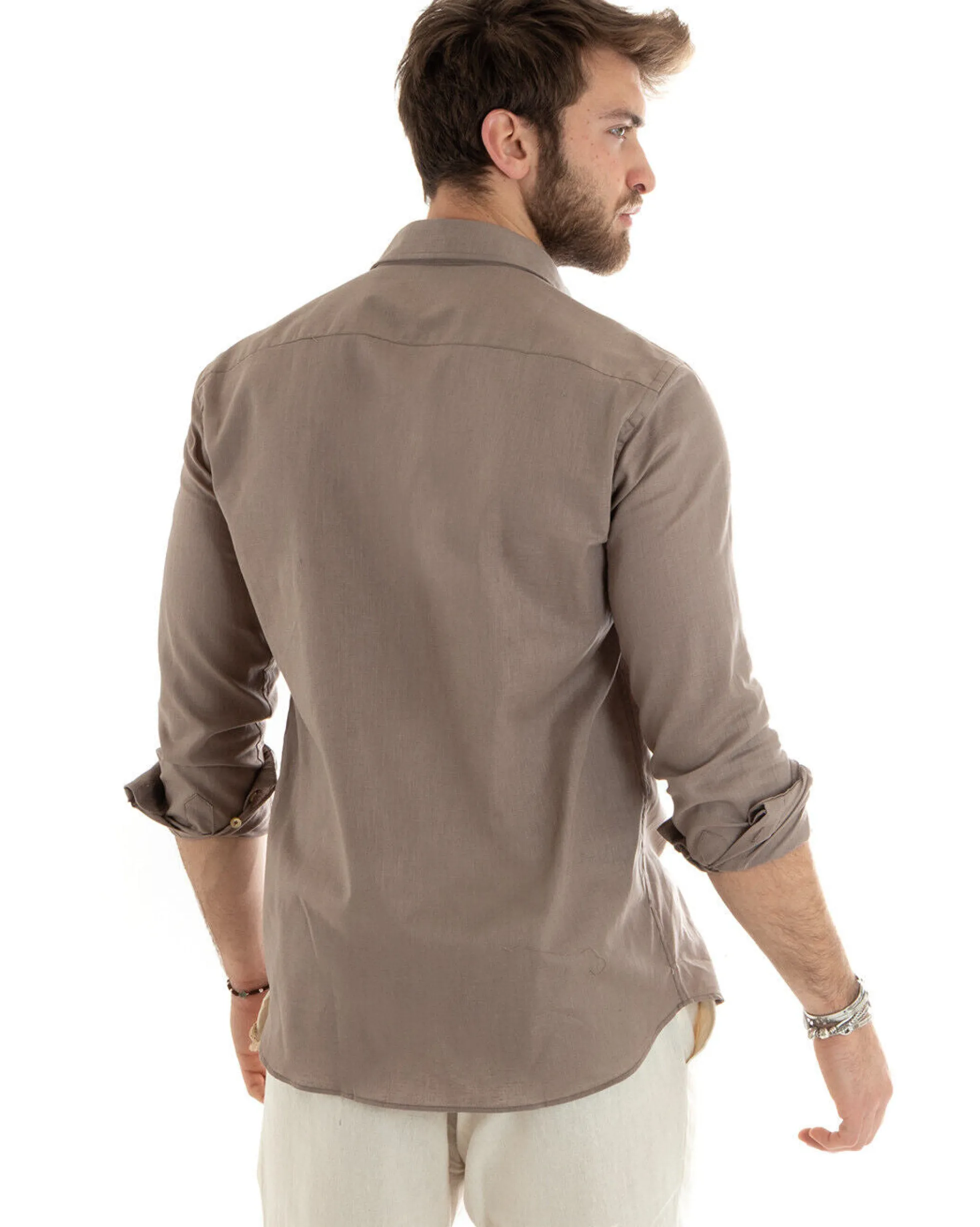 Camicia Uomo Lino Collo Francese Casual Sartoriale Tinta Unita Fango GIOSAL-C2714A
