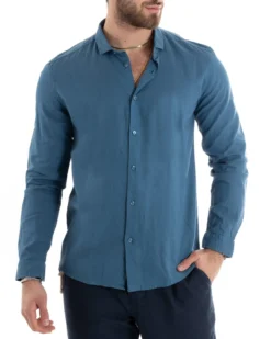Camicia Uomo Lino Collo Francese Casual Sartoriale Tinta Unita Avio GIOSAL-C2716A