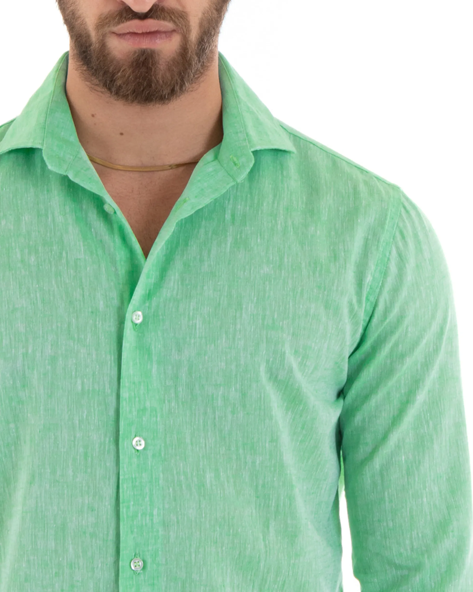 Camicia Uomo Lino Collo Francese Sartoriale Verde Menta Melangiata C3058A