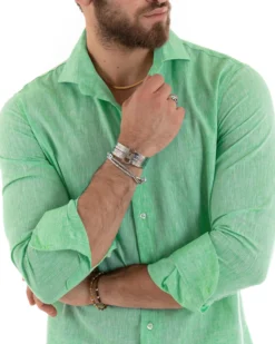 Camicia Uomo Lino Collo Francese Sartoriale Verde Menta Melangiata C3058A