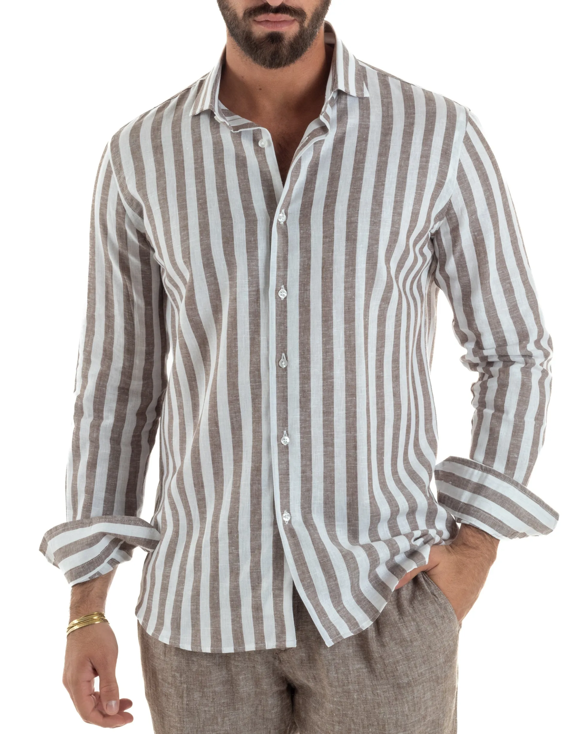 Camicia uomo lino collo francese rigata larga marrone GIOSAL-C3087A