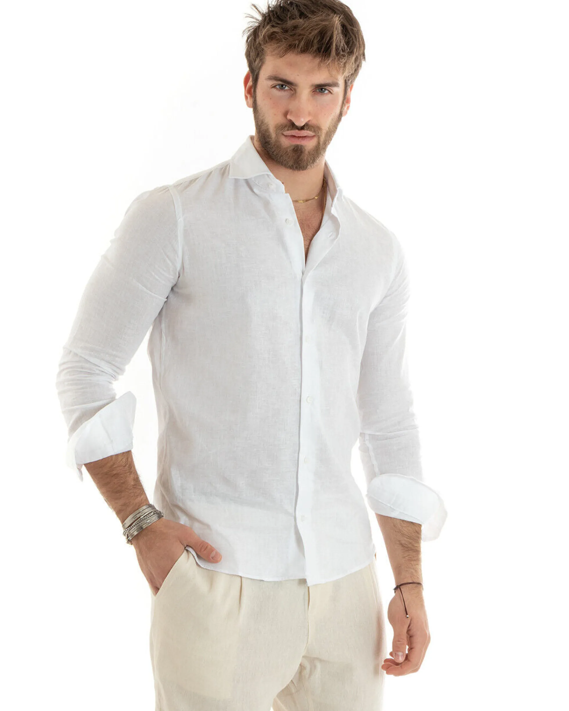Camicia uomo lino collo francese sartoriale casual bianco GIOSAL-C2711A