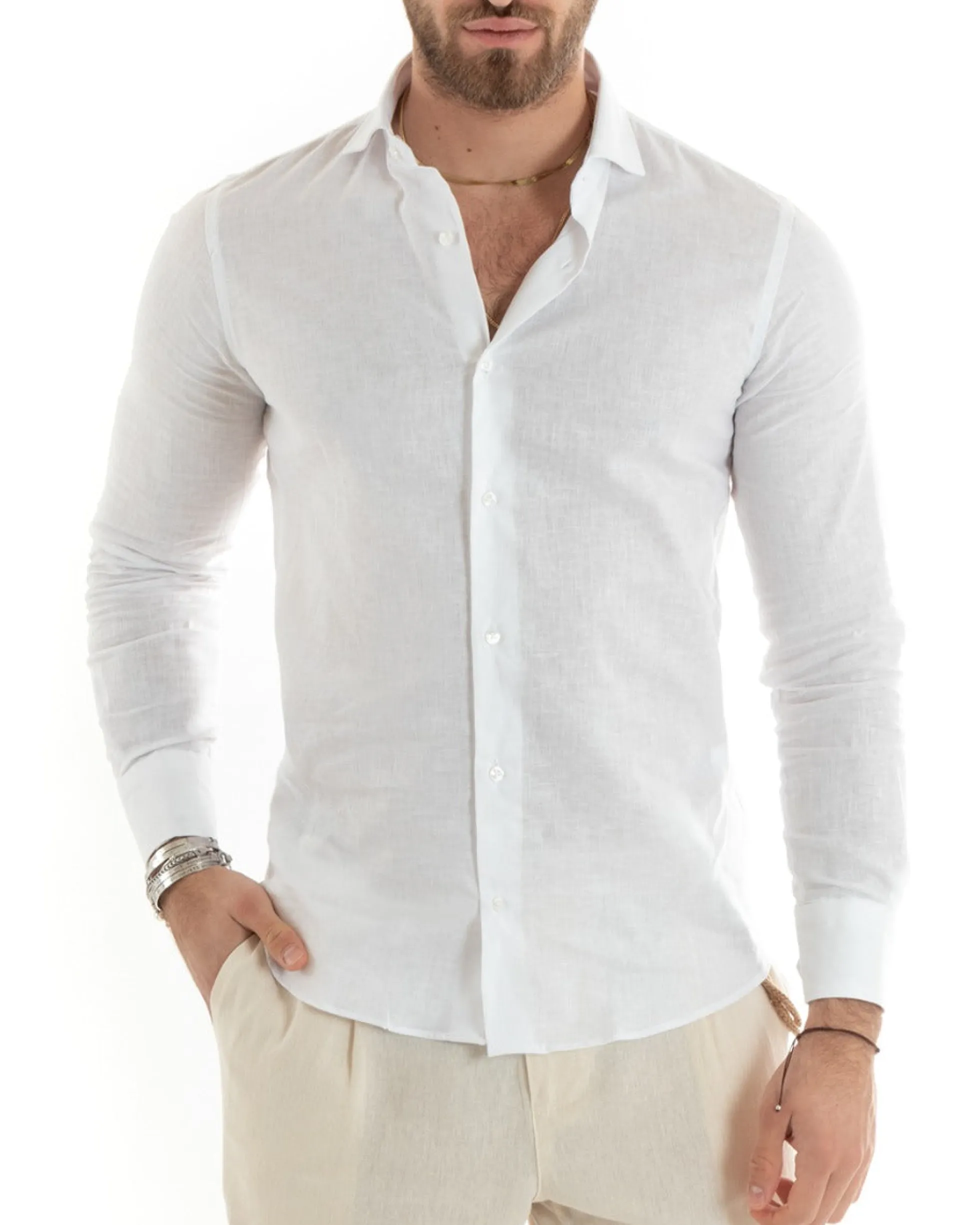 Camicia uomo lino collo francese sartoriale casual bianco GIOSAL-C2711A