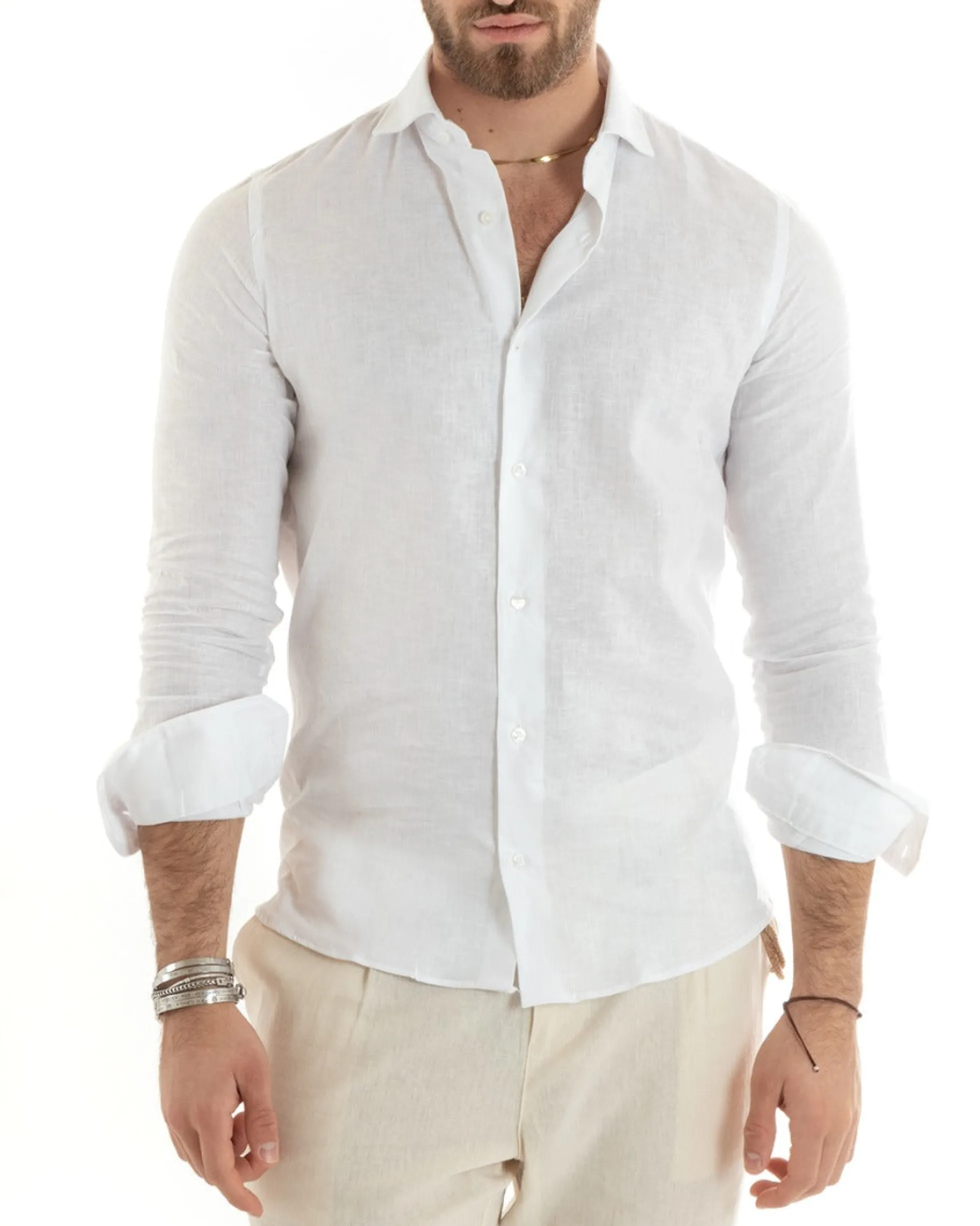Camicia uomo lino collo francese sartoriale casual bianco GIOSAL-C2711A