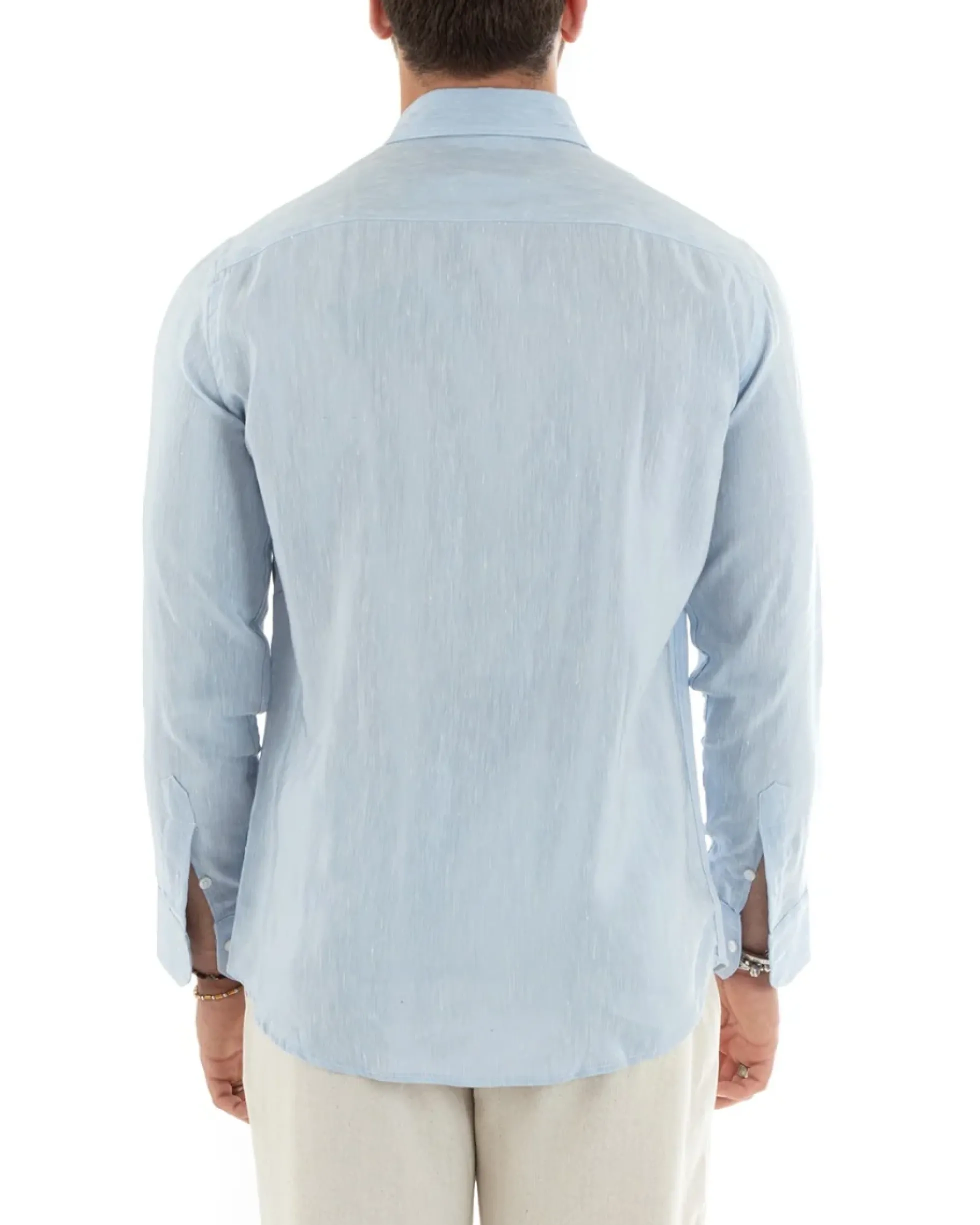 Camicia Uomo Lino Collo Francese Sartoriale Celeste Melangiata C2686A
