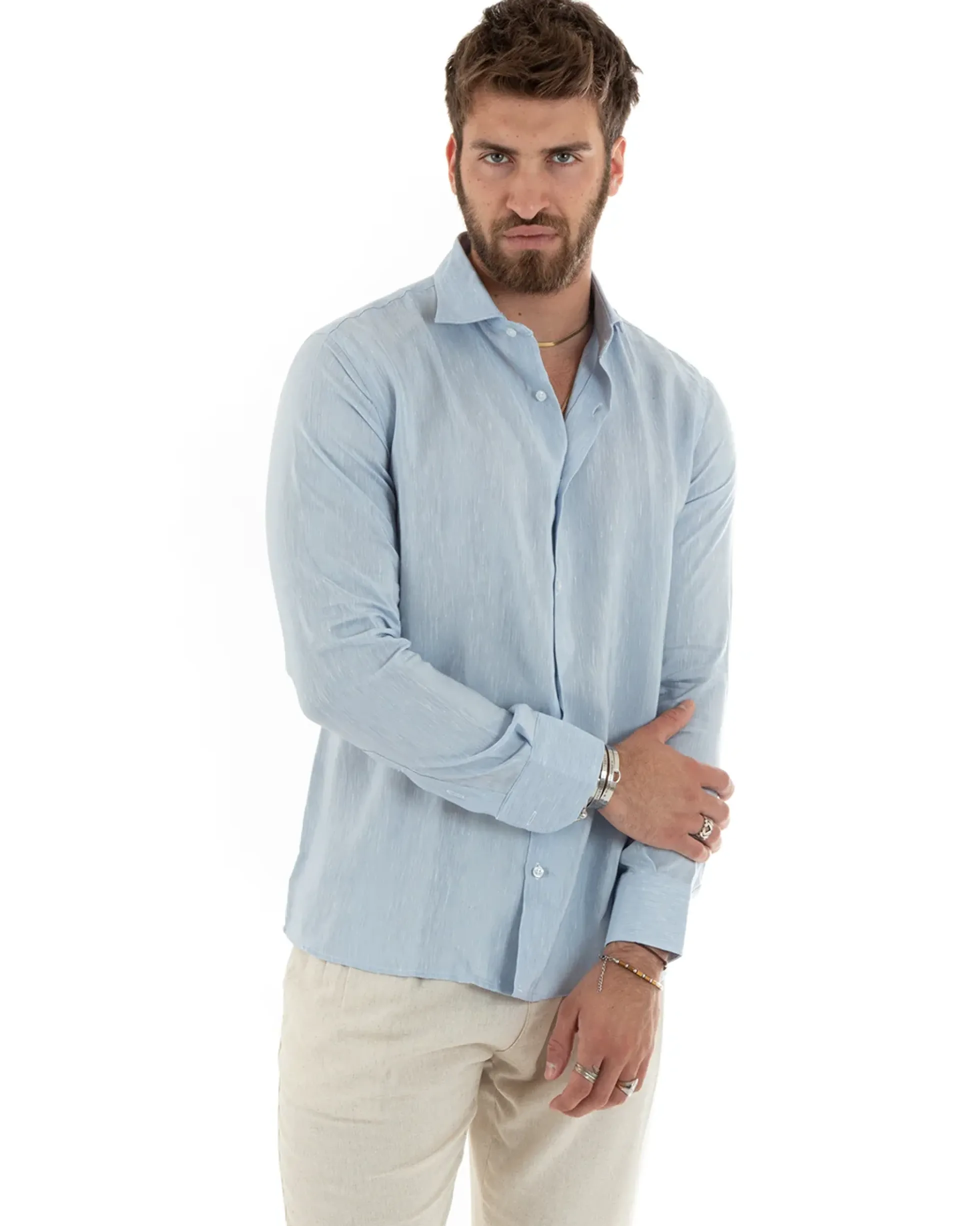 Camicia Uomo Lino Collo Francese Sartoriale Celeste Melangiata C2686A