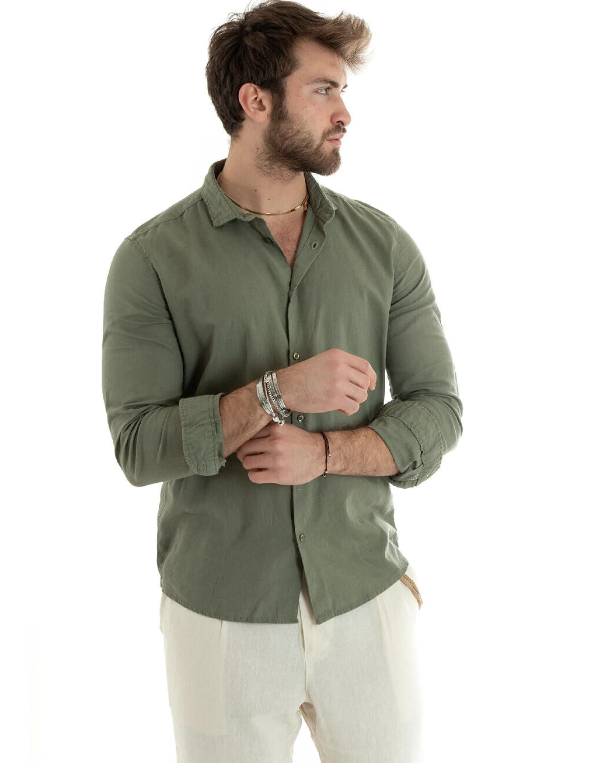Camicia Uomo Lino Collo Francese Sartoriale Verde Militare C2713A