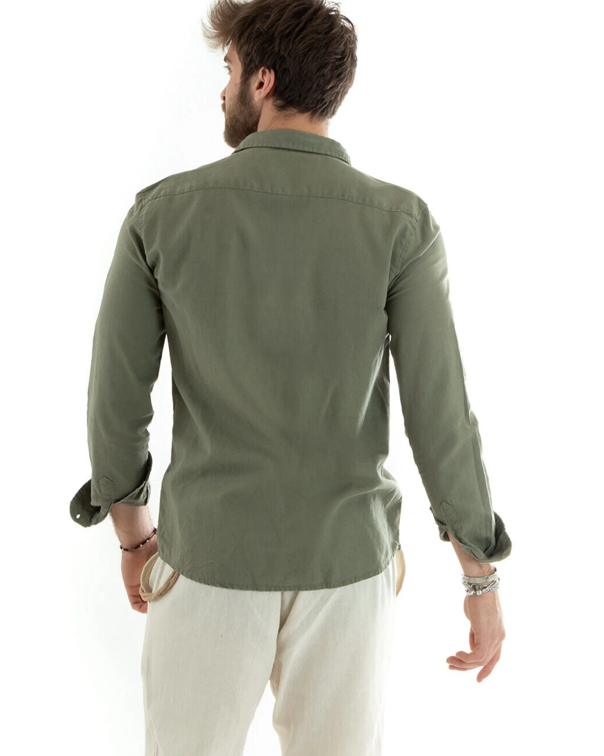 Camicia Uomo Lino Collo Francese Sartoriale Verde Militare C2713A