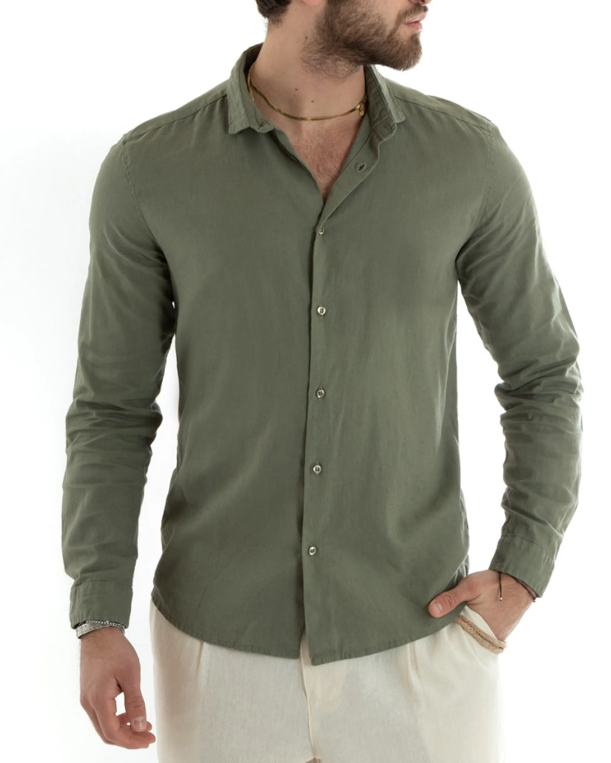 Camicia Uomo Lino Collo Francese Sartoriale Verde Militare C2713A