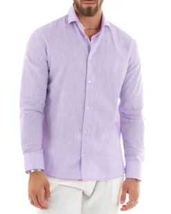 Camicia Uomo Lino Collo Francese Sartoriale Lilla Melangiata C2877A