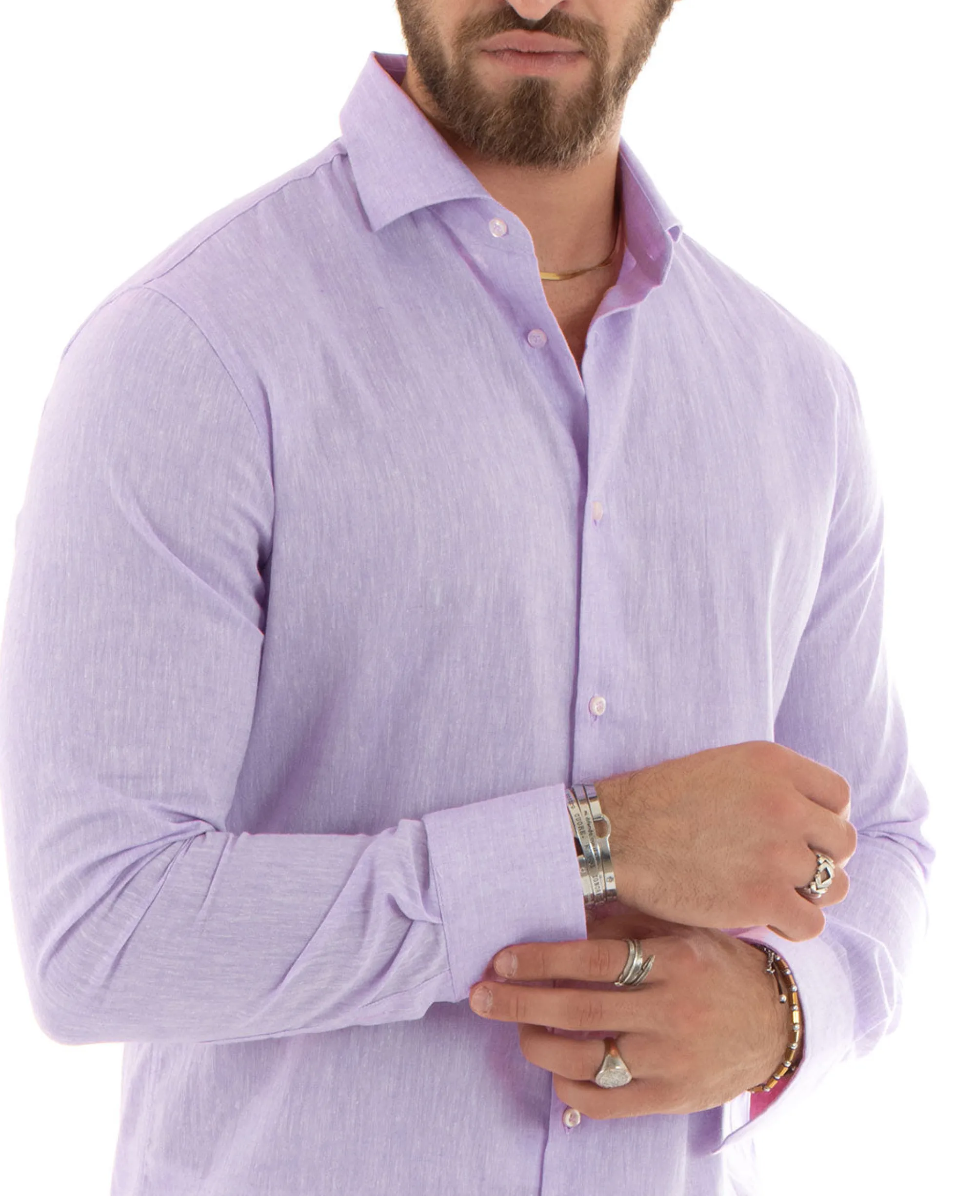Camicia Uomo Lino Collo Francese Sartoriale Lilla Melangiata C2877A