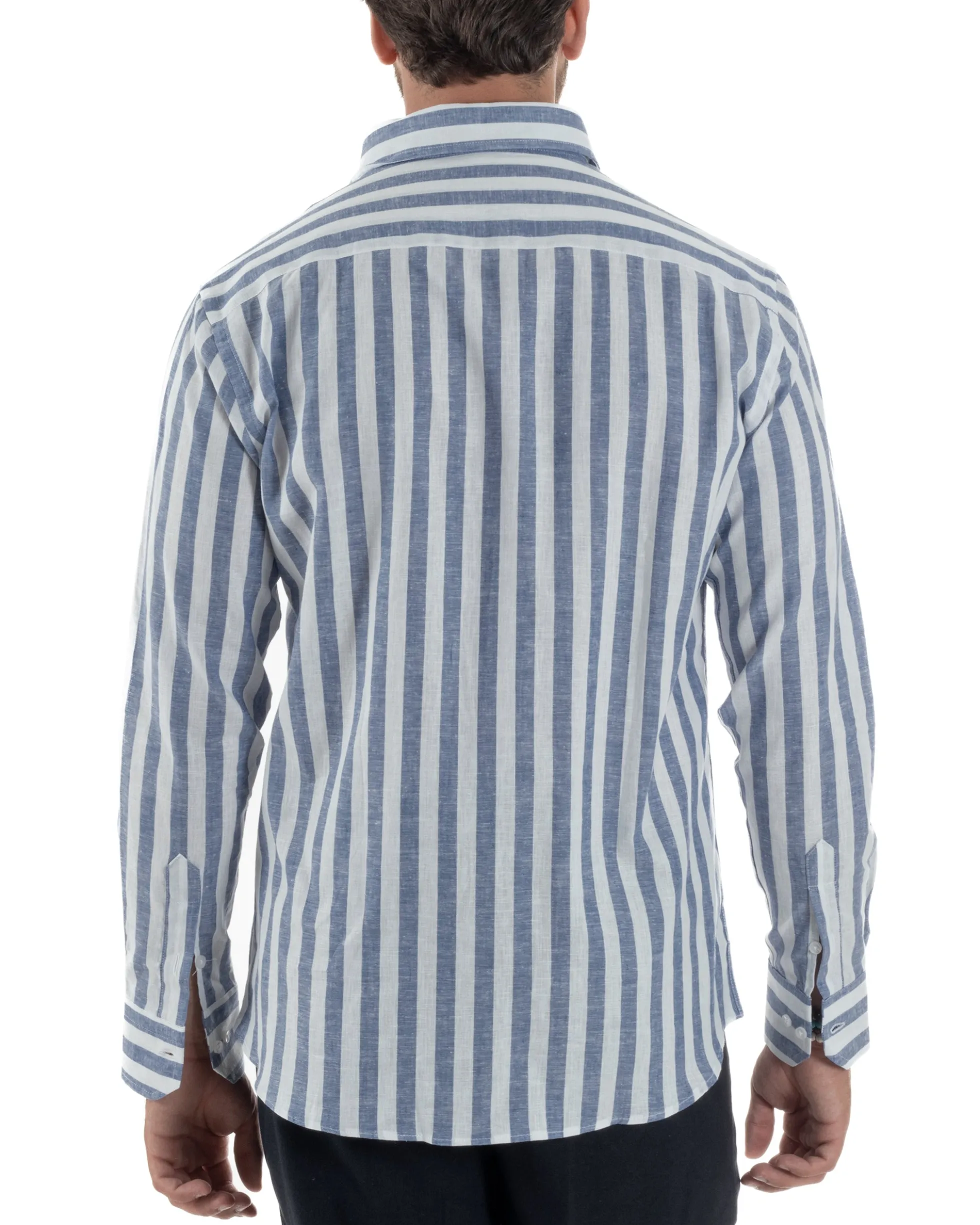 Camicia uomo lino collo francese rigata larga blu C3025A