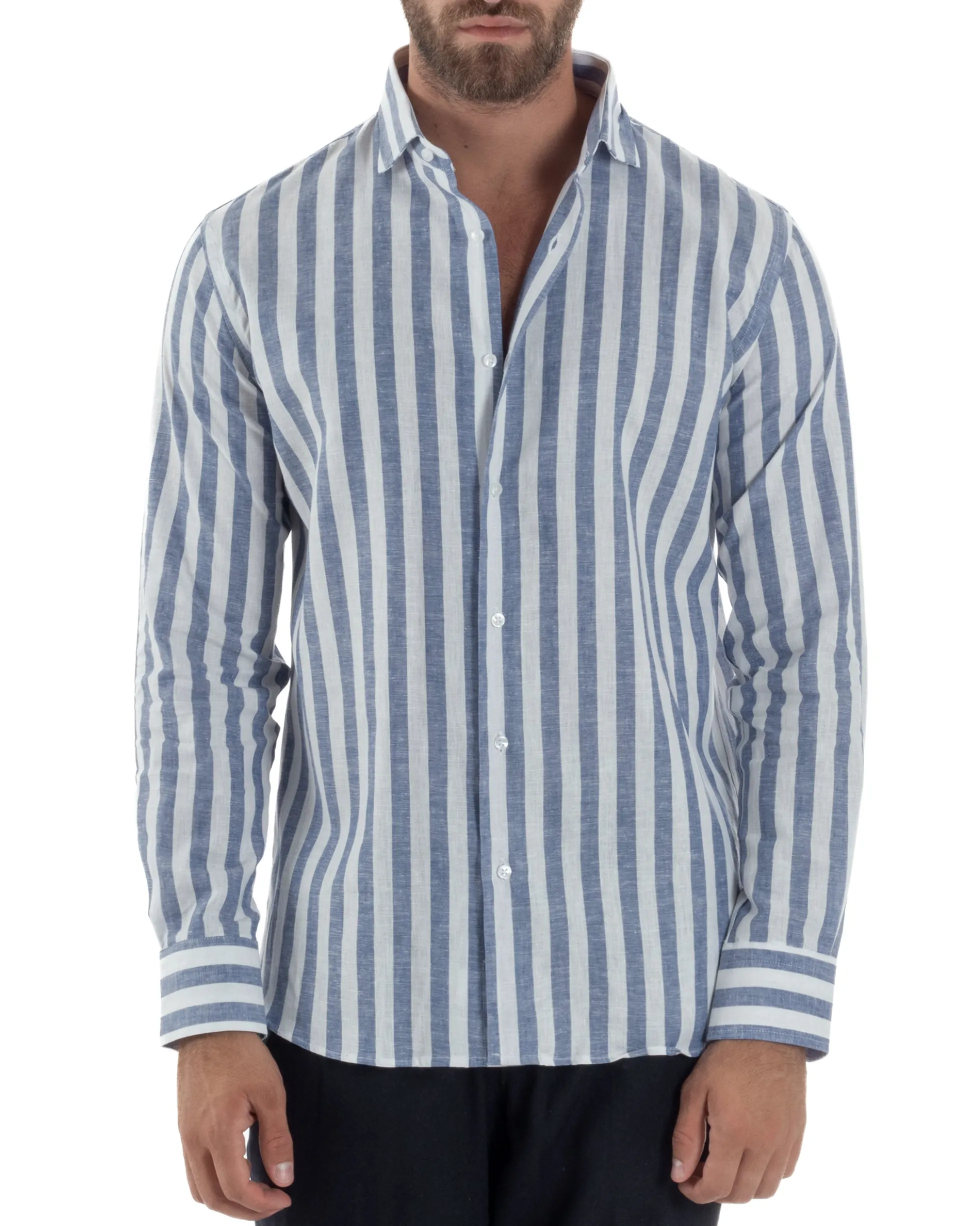 Camicia uomo lino collo francese rigata larga blu C3025A