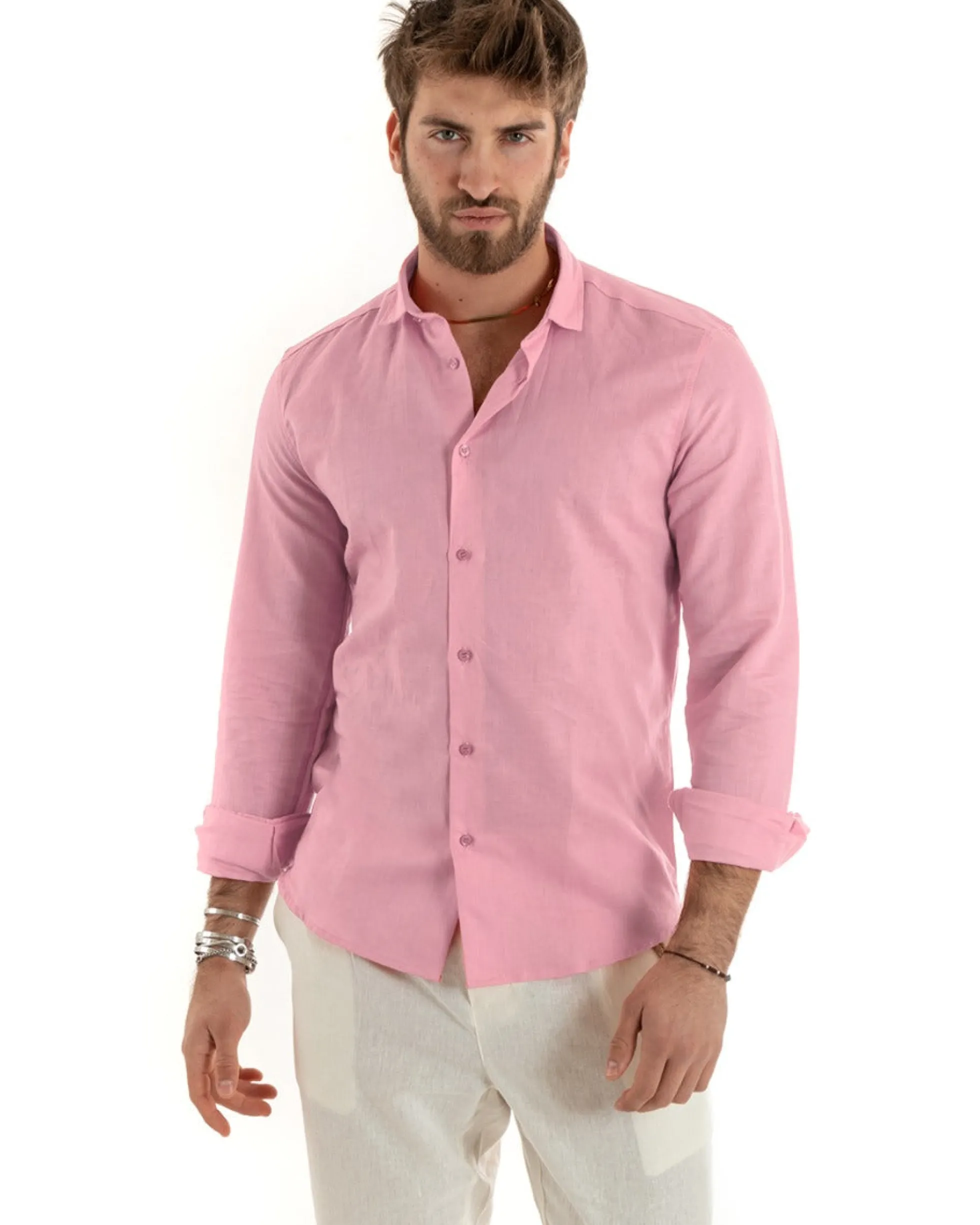 Camicia Uomo Lino Collo Francese Sartoriale Rosa C2725A