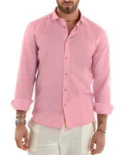 Camicia Uomo Lino Collo Francese Sartoriale Rosa C2725A