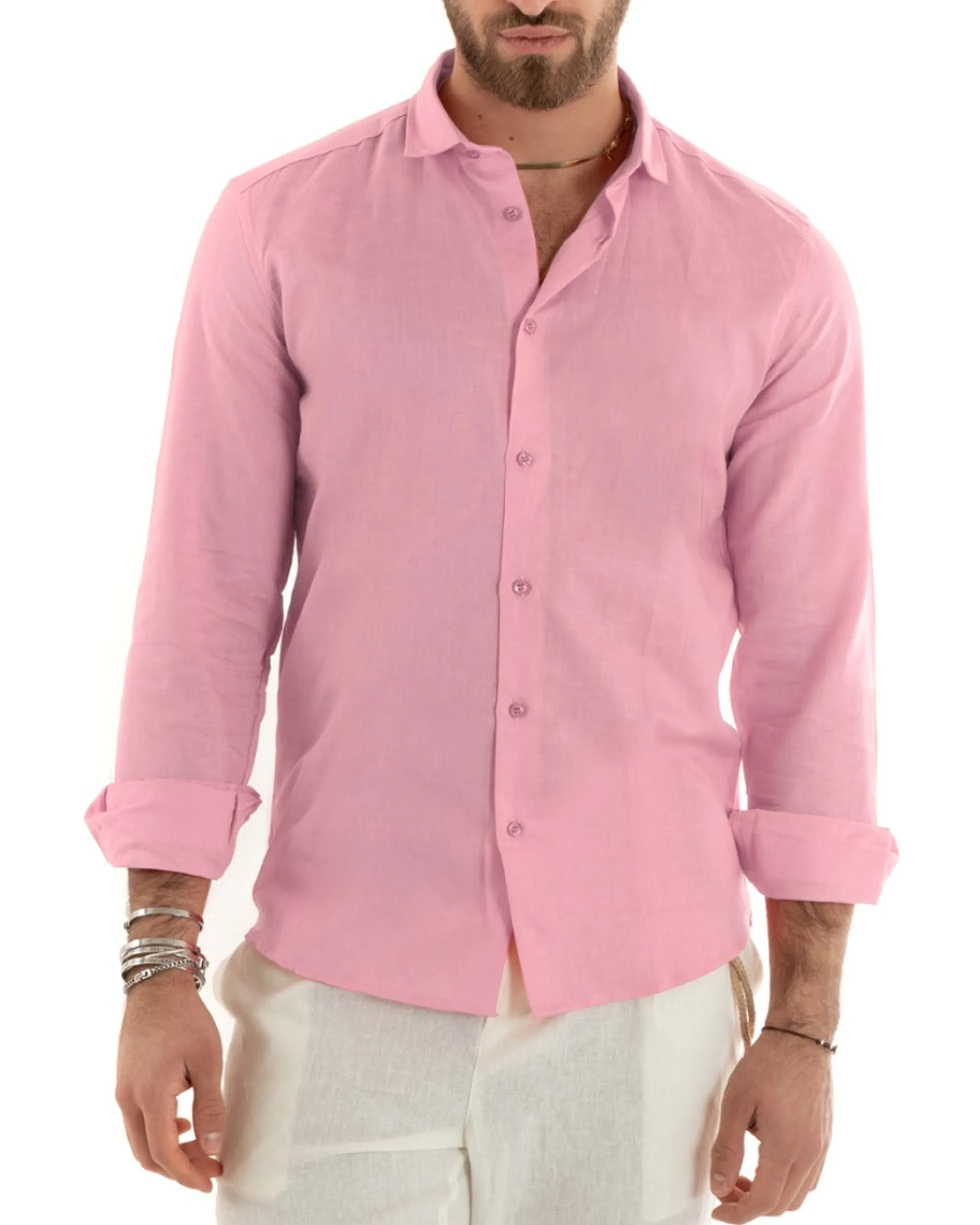 Camicia Uomo Lino Collo Francese Sartoriale Rosa C2725A