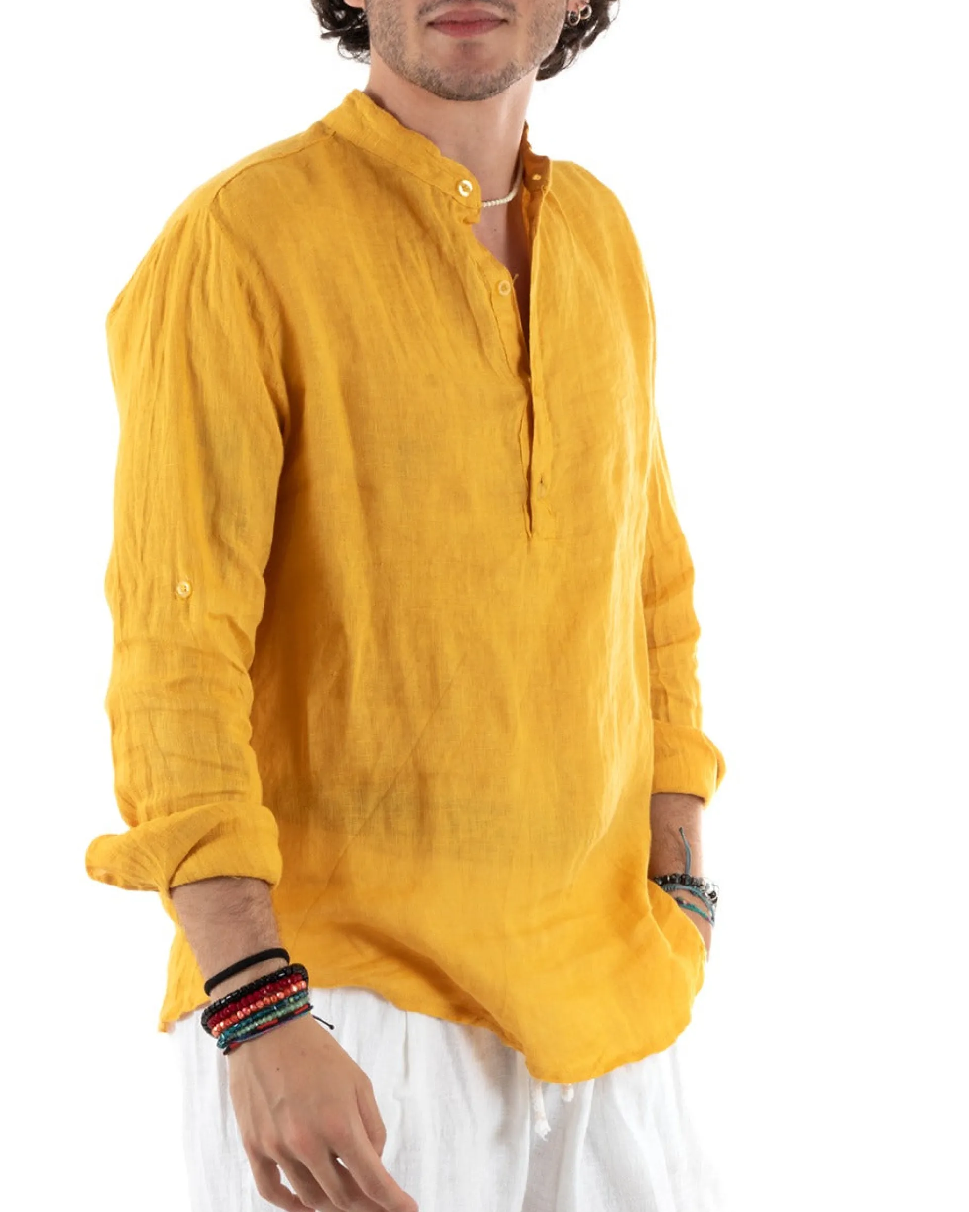 Camicia Uomo Lino Collo Serafino Mezzo Bottone Tinta Unita Casacca Senape GIOSAL-C2900A