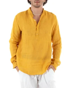 Camicia Uomo Lino Collo Serafino Mezzo Bottone Tinta Unita Casacca Senape GIOSAL-C2900A