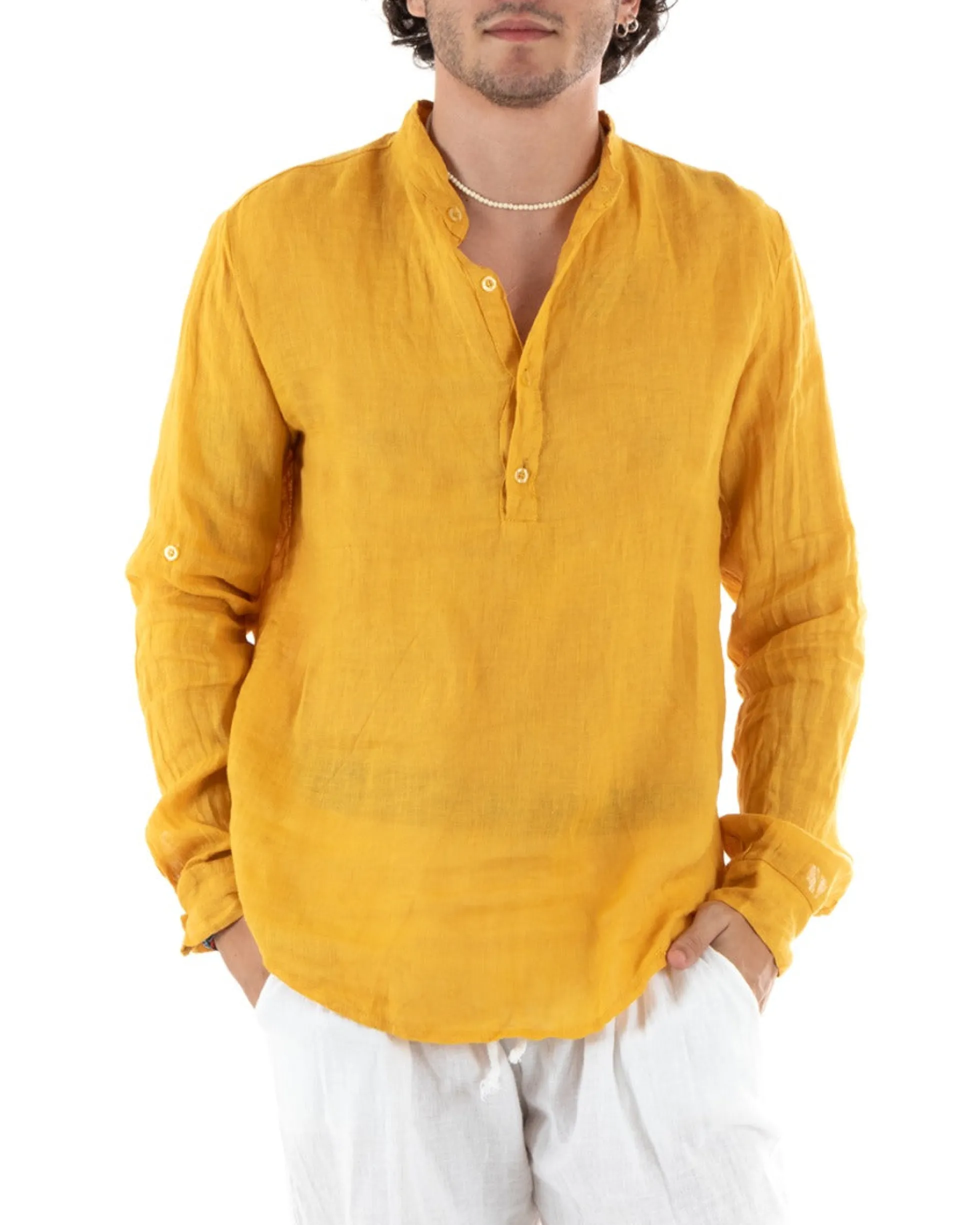 Camicia Uomo Lino Collo Serafino Mezzo Bottone Tinta Unita Casacca Senape GIOSAL-C2900A