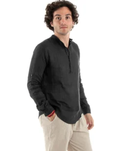 Camicia Uomo Lino Collo Serafino Mezzo Bottone Tinta Unita Casacca Nero GIOSAL-C2901A