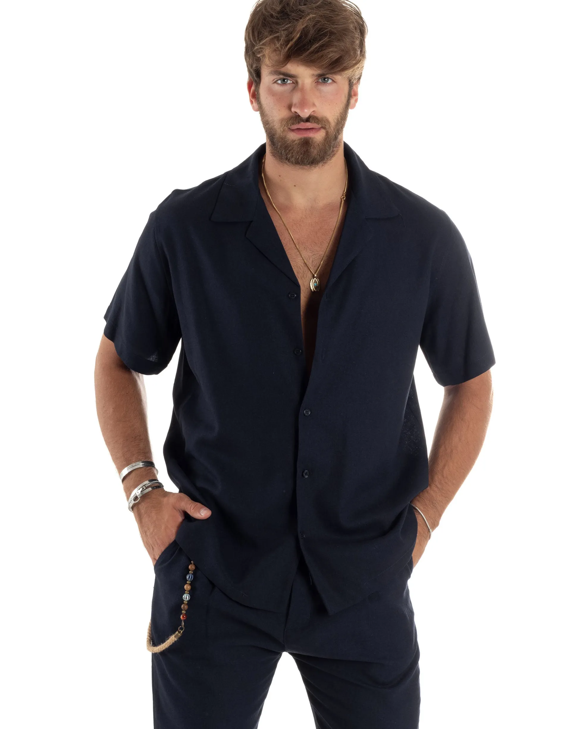 Camicia uomo lino mezze maniche colletto bowling collo rever boxy fit blu GIOSAL-CC1212A