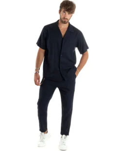 Camicia uomo lino mezze maniche colletto bowling collo rever boxy fit blu GIOSAL-CC1212A