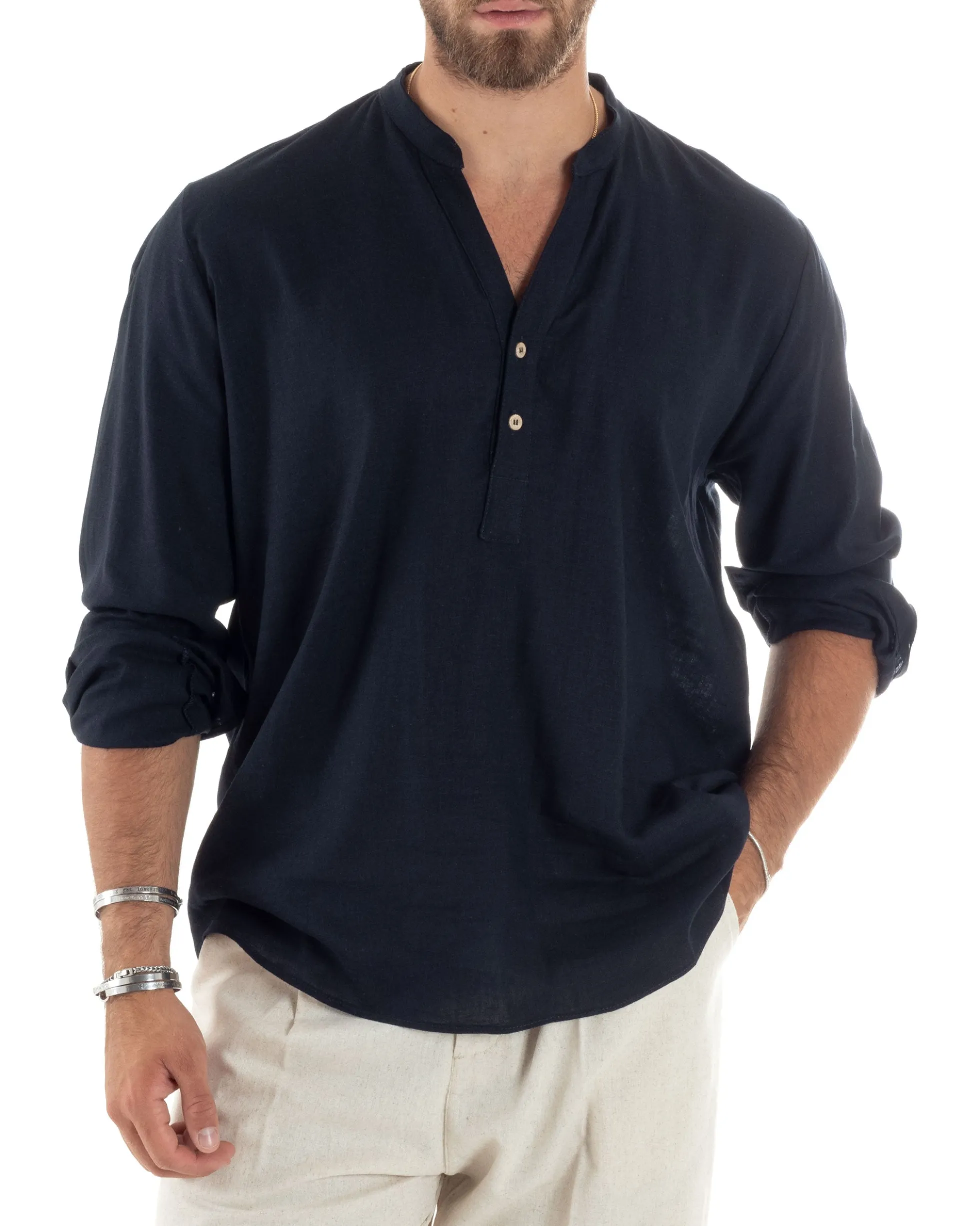 Camicia uomo lino regular fit collo coreano serafino scollo v blu GIOSAL-C2866A