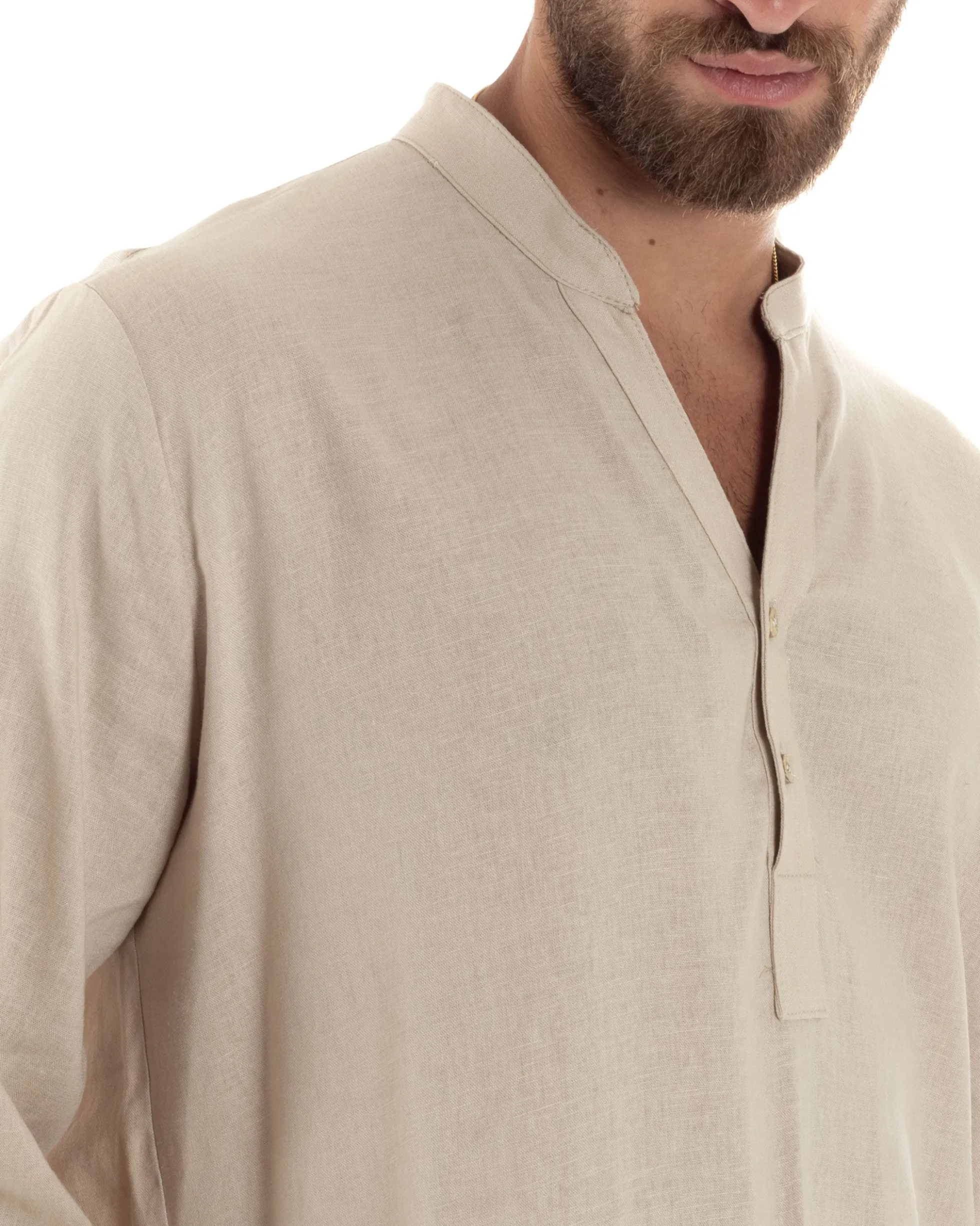 Camicia uomo lino regular fit collo coreano serafino scollo v beige GIOSAL-C2864A