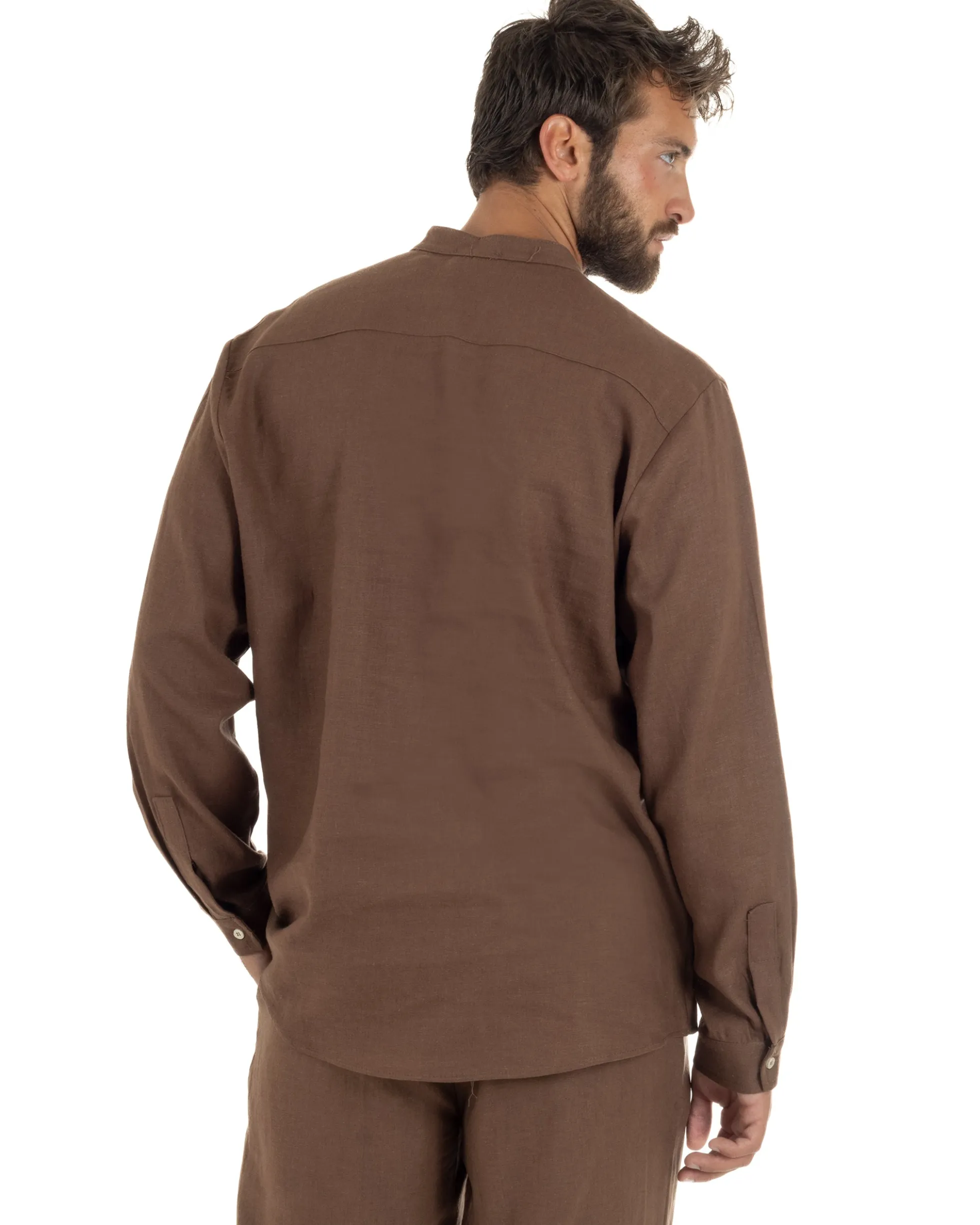 Camicia uomo lino regular fit collo coreano serafino scollo v marrone GIOSAL-C3092A