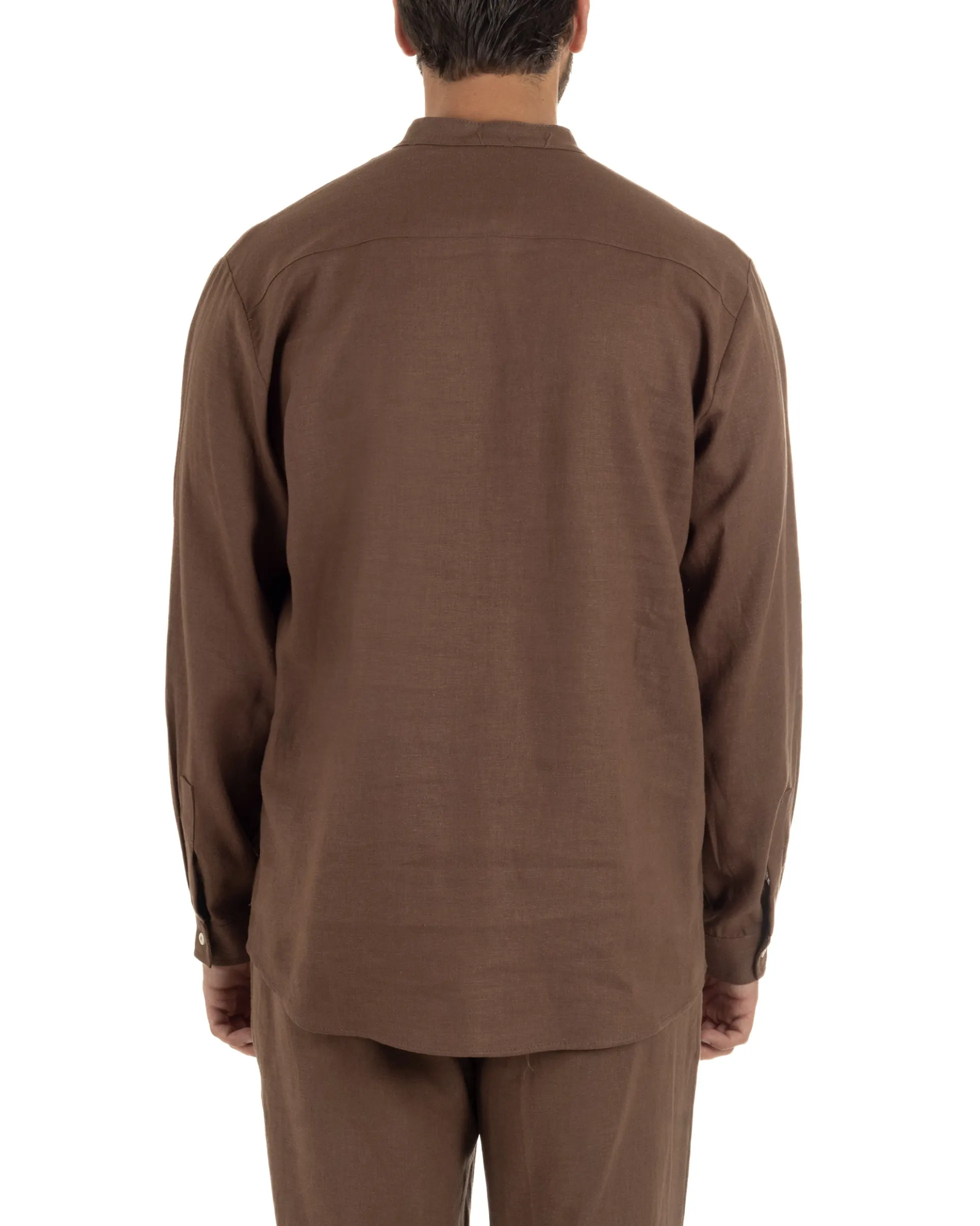 Camicia uomo lino regular fit collo coreano serafino scollo v marrone GIOSAL-C3092A