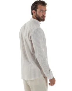 Camicia Uomo Lino Riga Sottile Collo Coreano Beige C3022A