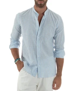 Camicia Uomo Lino Riga Sottile Collo Coreano Celeste C3024A